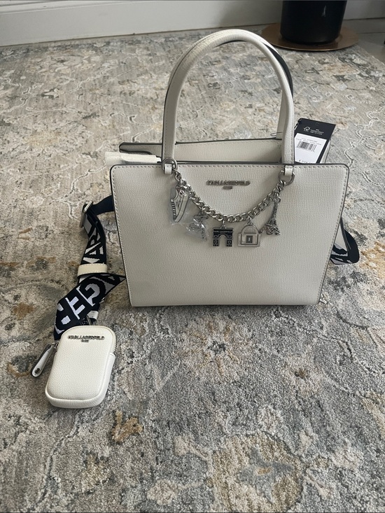 Karl Lagerfeld Handbags - Karl Lagerfeld Ivory Leather Top-Handle Satchel with Charm Chain